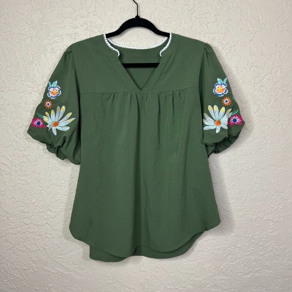Floral Embroidered Puff Sleeve Blouse Womens L Boho Cottage Peasant Fairytale